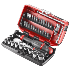 Grand Prix Racewear featuring a Facom R.NANO-U1 1/4 inch nano sockets set with various socket sizes and a ratchet handle in a red and black case.