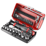 Facom R.NANO-U112 1/4 inch nano sockets set in red and black case, ideal for precision automotive and mechanical work.