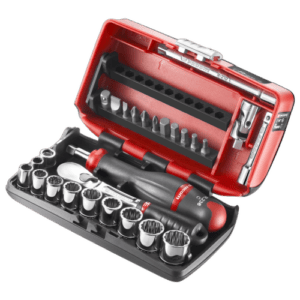 Facom R.NANO-U112 1/4 inch nano sockets set in red and black case, ideal for precision automotive and mechanical work.