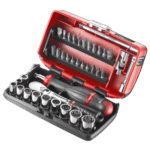 Facom R.NANO-U2 1/4 inch nano sockets set with ratchet and accessories in red case.