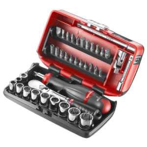 Facom R.NANO-U2 1/4 inch nano sockets set with ratchet and accessories in red case.
