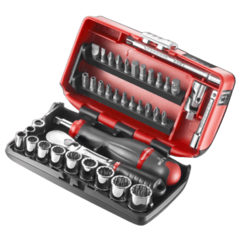 Facom R.NANO-U2 1/4 inch nano sockets set with ratchet and accessories in red case.