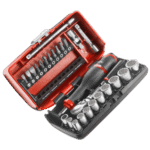 Facom 12-point 1/4 sockets set with ratchet and accessories for precise metric fastening tasks.