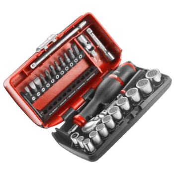 Facom 12-point 1/4 sockets set with ratchet and accessories for precise metric fastening tasks.