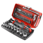 Facom set of 6-point 1/4 sockets in a red and black case, with a ratchet handle and screwdriver bits for precise metric fastening.