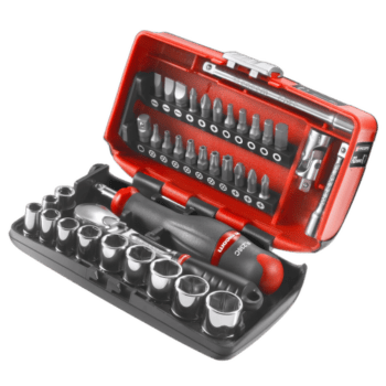 Facom set of 6-point 1/4 sockets in a red and black case, with a ratchet handle and screwdriver bits for precise metric fastening.