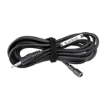 Black electrical cable with a metal connector, coiled and secured with a black velcro strap.