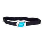 Wahoo fitness heart rate monitor strap with blue and white sensor on black adjustable strap.