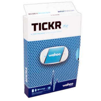 Wahoo TICKR heart rate monitor in packaging, designed for fitness tracking and Bluetooth connectivity.