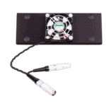 Race car data logger with cooling fan and connecting cables for motorsport telemetry analysis.