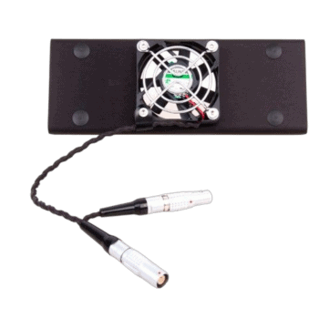 Race car data logger with cooling fan and connecting cables for motorsport telemetry analysis.