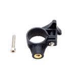 Close-up of a black motorcycle handlebar clamp with a silver screw on a black background.