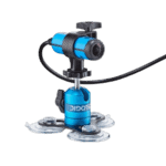 Close-up of a blue and black racing camera mounted on a suction cup base for motorsport event recording.