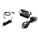 Various electronic power adapters and cables for racing equipment on a black background.