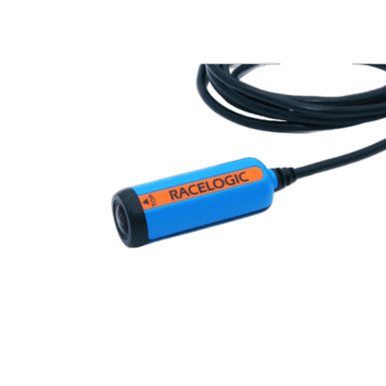 Racelogic GPS data logger for motorsport with blue and orange design, used for race performance analysis.