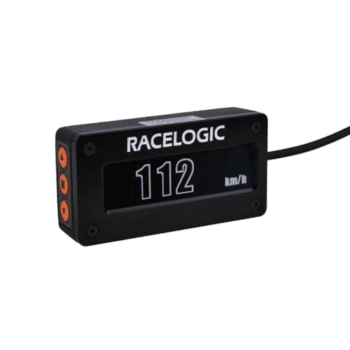 Racelogic racing data display showing 112 km/h, used in motorsport for performance analysis and telemetry.