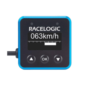 Racelogic racing data logger displaying 63 km/h speed with digital screen and control buttons.