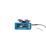 Racelogic lap timer device with two metal sensors on a black background, used in motorsport timing and data analysis.