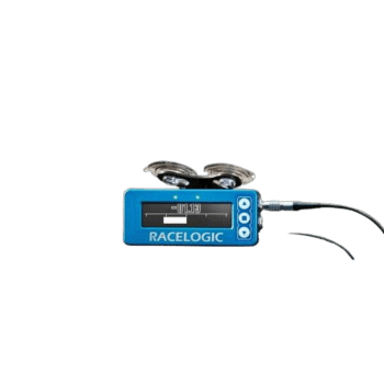 Racelogic lap timer device with two metal sensors on a black background, used in motorsport timing and data analysis.