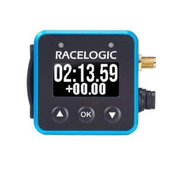 Racelogic racing data logger with digital display showing 2:13.59 time and plus 00.00, used for motorsport timing and analysis.