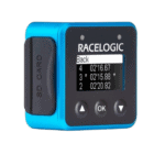 RACELLOGIC timing device used in motorsport for lap timing and data logging, featuring a digital display and control buttons.