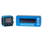 Racelogic racing data logger and GPS device in blue for motorsport performance analysis.