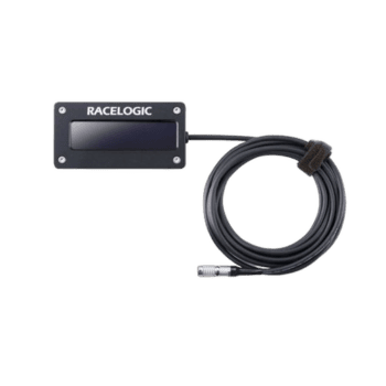 Racelogic GPS data logger device with connected cable for motorsport timing and analysis.