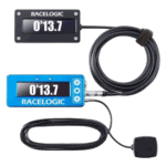 Racelogic lap timer device with digital display showing 13.7 seconds, used in motorsport for accurate lap timing and performance analysis.