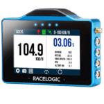 Racelogic racing data logger with digital display showing 104.9 KM/H speed and 3.06 seconds for 0-100 KM/H acceleration.