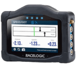 Racelogic GPS data logger used in motorsport for precise speed and distance measurement, featuring a colour screen and multiple connection ports.