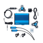 Racing electronics and accessories including a blue VBOX device, wireless sensors, cables, and mounts for motorsport telemetry and data logging.