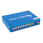 Blue video multiplexer device with multiple BNC connectors for CCTV security systems, branded with 'VIVID VBOX' in white text.