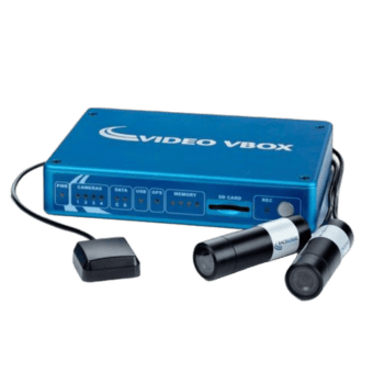 Video VBOX device with two attached sensors, used for vehicle testing and data collection in motorsport and automotive applications.