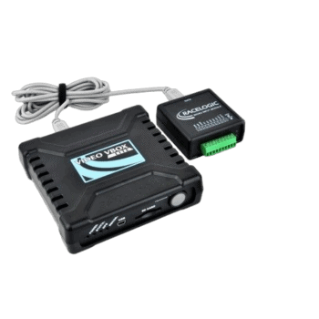 Racelogic Video VBOX device with connecting cable, used for automotive data logging and analysis.