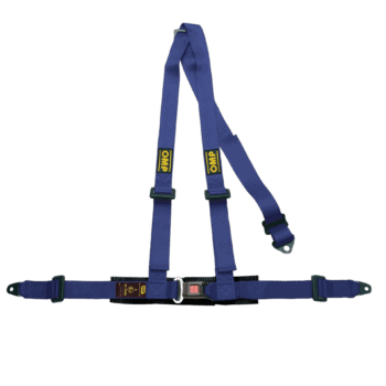 Blue Grand Prix racing harness with adjustable straps and quick-release buckle for motorsport safety.