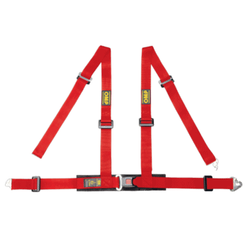 Red Grand Prix Racewear harness for motorsport safety with adjustable straps and quick-release buckle.