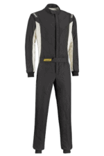 Black and white Grand Prix racing suit with Sabre logo, designed for motorsport safety and performance.