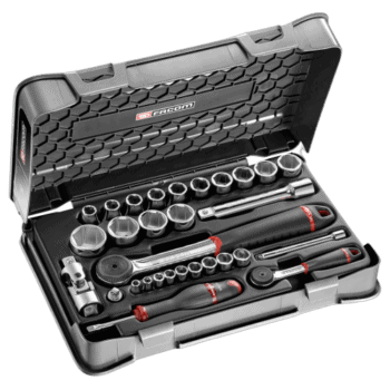 Facom 30-piece metric socket set in a durable case, ideal for automotive and mechanical work.