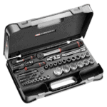 Facom 56-piece metric socket set in a black case with ratchet and accessories for automotive repair.