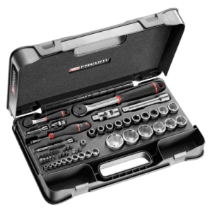 Facom 56-piece metric socket set in a black case with ratchet and accessories for automotive repair.