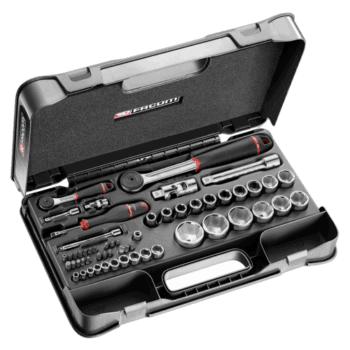 Facom 56-piece metric socket set in a black case with ratchet and accessories for automotive repair.