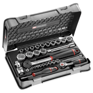 Facom 30-piece metric socket set in a durable case, ideal for professional automotive and mechanical work.