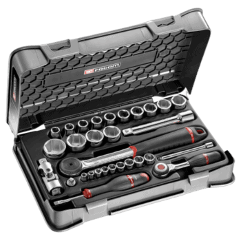 Facom 30-piece metric socket set in a durable case, ideal for professional automotive and mechanical work.