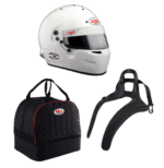 Grand Prix Racewear helmet, racing suit bag, and neck support for motorsport safety and performance.