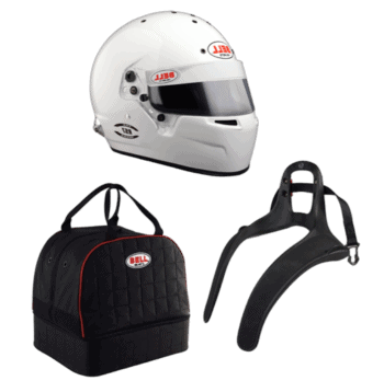 Grand Prix Racewear helmet, racing suit bag, and neck support for motorsport safety and performance.