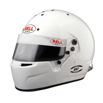 Bell racing helmet with aerodynamic design, black visor, and branding for motorsport safety and performance.