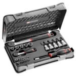 Facom 26-piece socket set with ratchets, extensions, and accessories in a durable case, ideal for professional automotive and mechanical work.