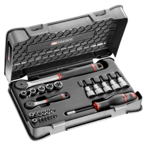 Facom 26-piece socket set with ratchets, extensions, and accessories in a durable case, ideal for professional automotive and mechanical work.