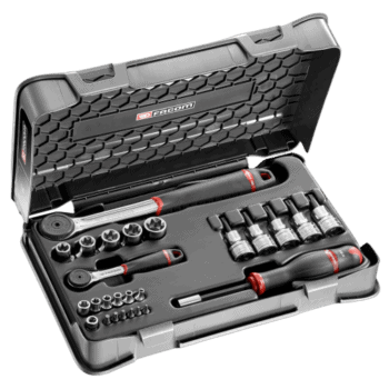 Facom 26-piece socket set with ratchets, extensions, and accessories in a durable case, ideal for professional automotive and mechanical work.