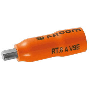 Facom RT.AVSE VSE series 1,000 Volt insulated 6-point 1/4 bit socket in orange with metal tip for electrical work.